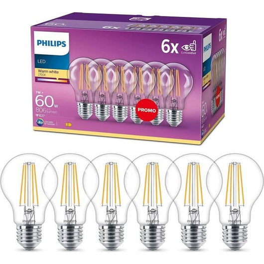 Philips, pacchetto di 6 LED trasparenti e 20 W 60W, bianco caldo, bianco caldo