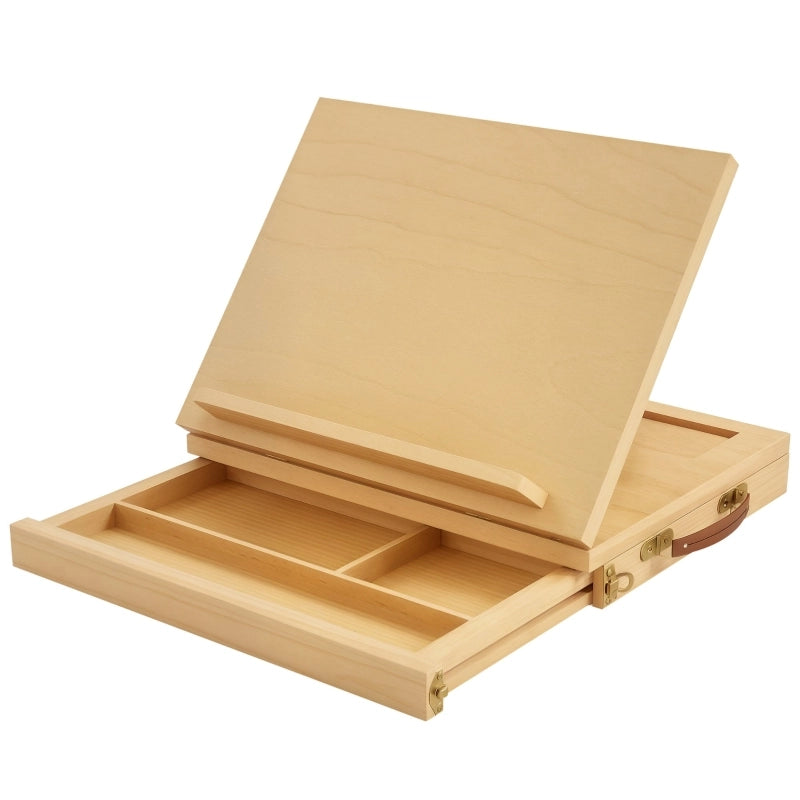 Staffelei da tavolo pieghevole in legno di faggio con cassetto e angolo regolabile, colore naturale