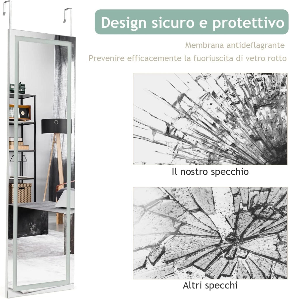 Specchio a Figura con Luci LED, Specchio sulla Porta o sul Muro, 3 Colori Luce Regolabile, Ideale per per Camera da Letto Salone Spogliatoio, 120x37cm, Bianco
