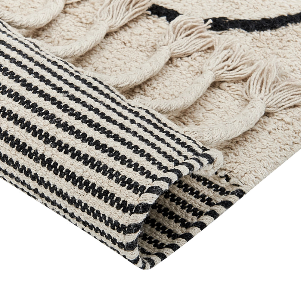 Tappeto da soggiorno cotone beige e nero motivo astratto 140 x 200 cm nappe soggiorno camera da letto divano