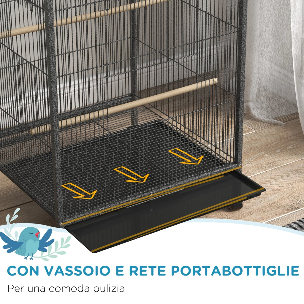 EasyComfort Gabbia per Uccelli in Acciaio e PP con 5 Porte, 2 Posatoi e Vassoio Estraibile, 48x46x74 cm, Grigio