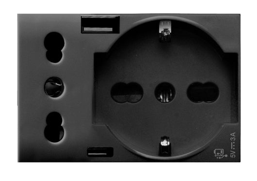 Tekla S44 Presa Schuko Presa Italiana USB-A e USB-C 2P+T 10/16A 250V 3 Moduli Grigio Opaco, 44509015USB