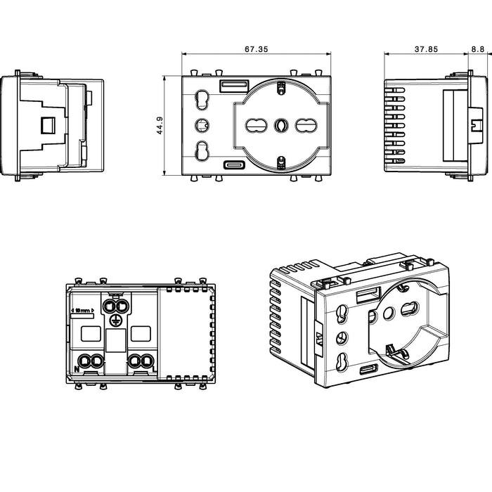 Tekla S44 Presa Schuko Presa Italiana USB-A e USB-C 2P+T 10/16A 250V 3 Moduli Grigio Opaco, 44509015USB