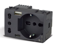 Tekla S44 Presa Schuko Presa Italiana USB-A e USB-C 2P+T 10/16A 250V 3 Moduli Grigio Opaco, 44509015USB