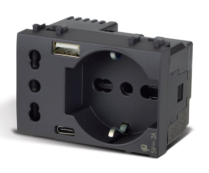 Tekla S44 Presa Schuko Presa Italiana USB-A e USB-C 2P+T 10/16A 250V 3 Moduli Grigio Opaco, 44509015USB
