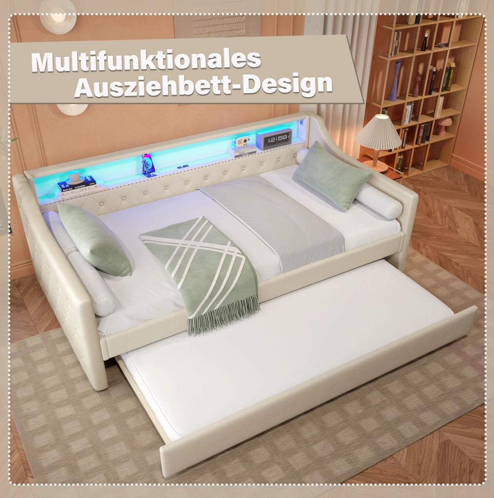 Letto singolo estraibile 90x200 cm con LED e USB beige