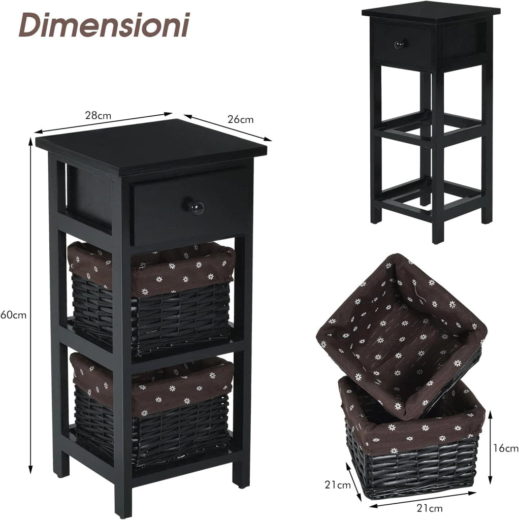 Comodino Camera da Letto in Legno, Tavolino per Divano, Comò Moderno, Ideale per Camera da Letto, 28 x 26 x 60 cm (Nero)