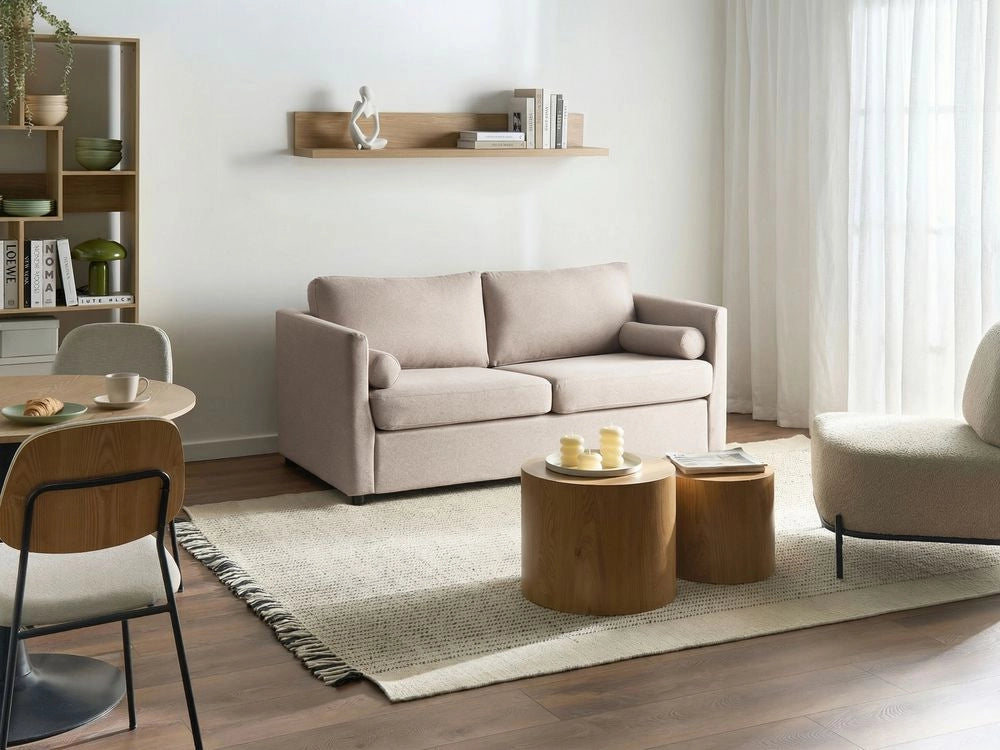 Divano letto a 2 posti in tessuto beige con struttura pieghevole e materasso