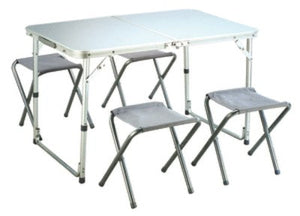 SET CAMPEGGIO TAVOLO + 4 SGABELLI PIEHEVOLE RICHIUDIBILE IN ALLUMINIO