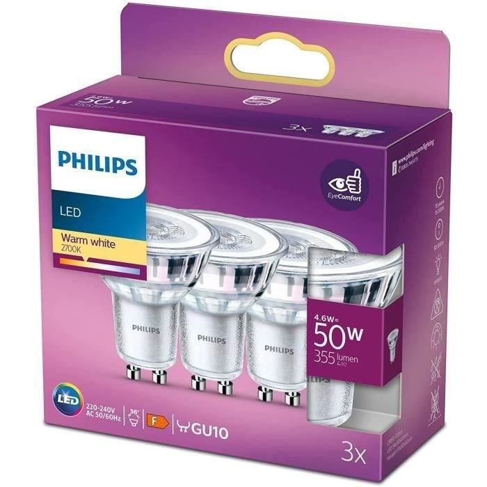 Philips, pacchetto di 3 lampadine GU10 LED 50W, bianco caldo