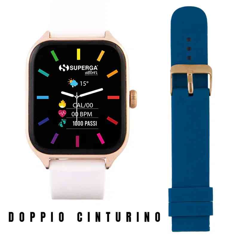 Orologio Smartwatch Superga Watch WINNER Gold - Orologio unisex SWT-STC008 - cassa in alluminio 42mm - android/ios/Apple - bt calling (chiamate in vivavoce tramite smartwatch) - cinturino in silicone - doppio cinturino (bianco e blu)