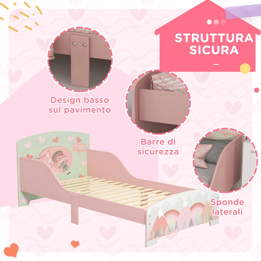 Struttura Letto Singolo per Bambini 140x70 cm con Bordi Rialzati e Doghe in MDF Rosa