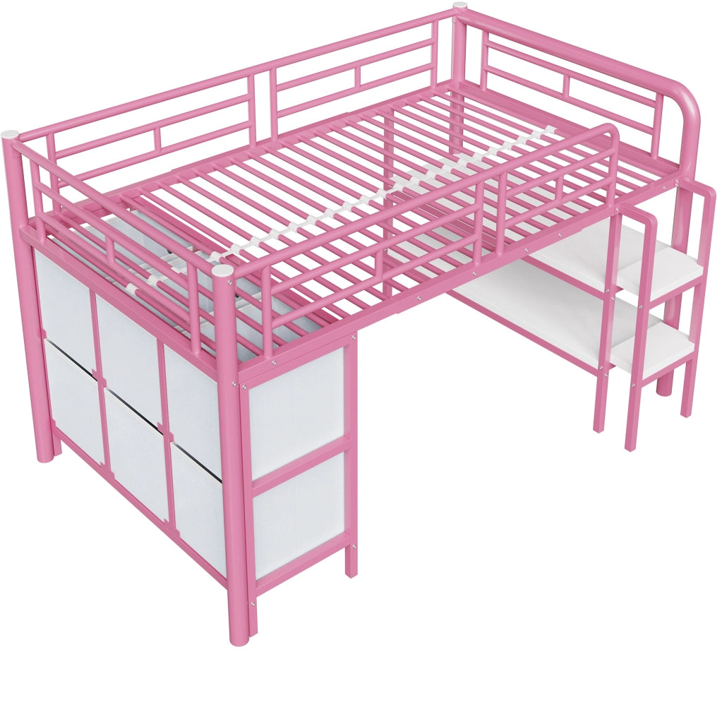 Letto a soppalco basso per bambini 90x200 cm in metallo e MDF; rosa; con scala ampia e vano portaoggetti