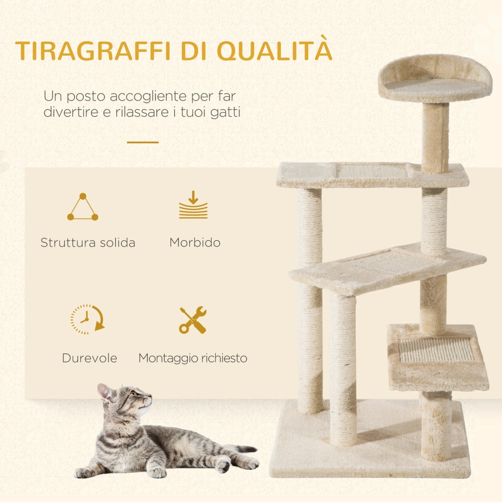 Trespolo per Gatti Multilivello Tiragraffi in Sisal Piattaforme e Cuccia
