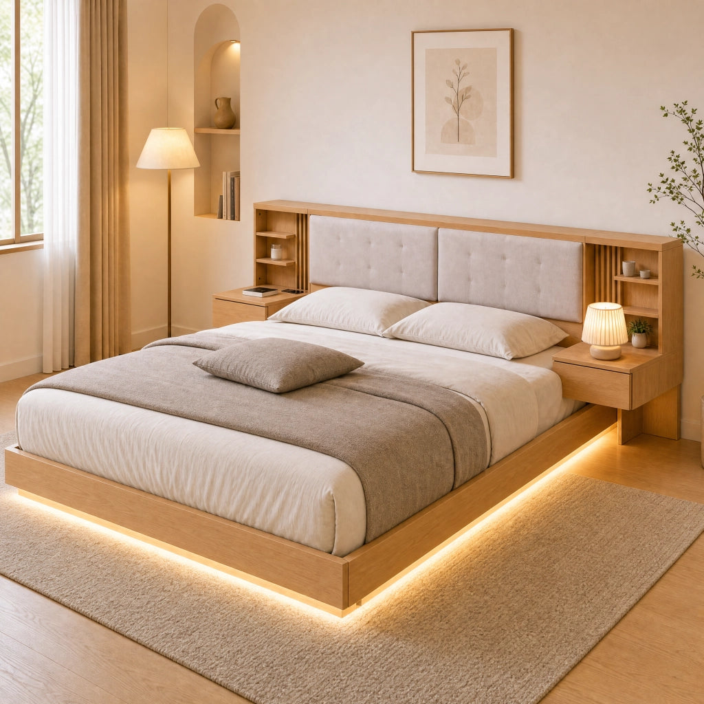 Letto flottante con testiera contenitore, USB e cassetti, 180x200 cm