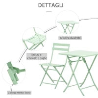 Set Tavolo e Sedie da Giardino ed Esterno in Metallo Verde, Set da 3 Pezzi Pieghevole e Salvaspazio