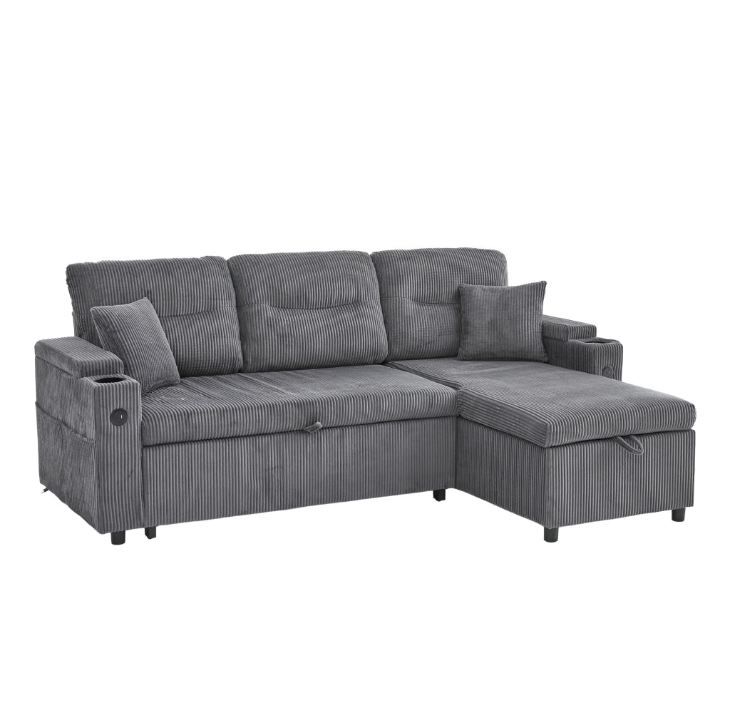 Divano letto 212.5x136x86 cm con penisola idraulica; letto estraibile in corduroy grigio carbone