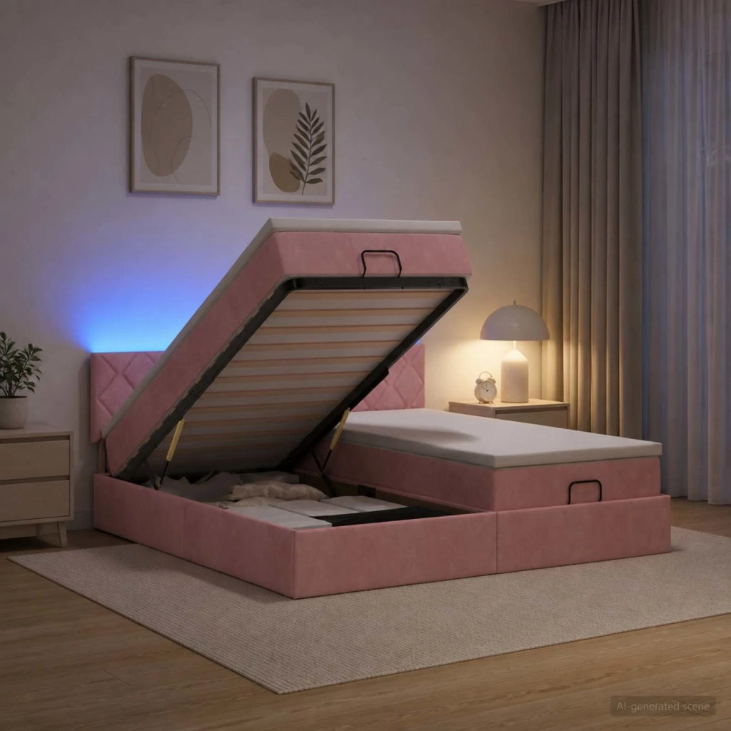 Letto Ottomano con Materasso e LED Rosa 200 x 200 cm Velluto 3457361