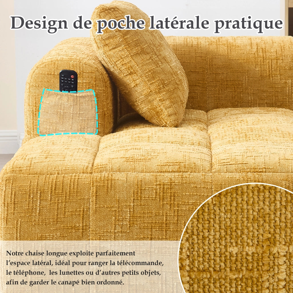 Chaise Longue 1 Posto con Cuscino e Tasche Laterali; Seduta Morbida e Rimbalzo Rapido in Ciniglia Giallo
