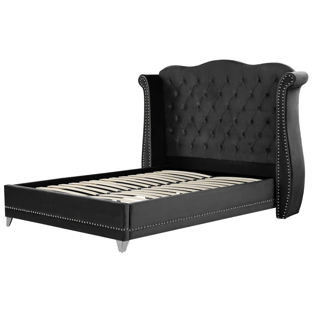 Letto 160 x 200 cm Velluto Nero Base A Doghe Bottone Testiera Trapuntata Testata