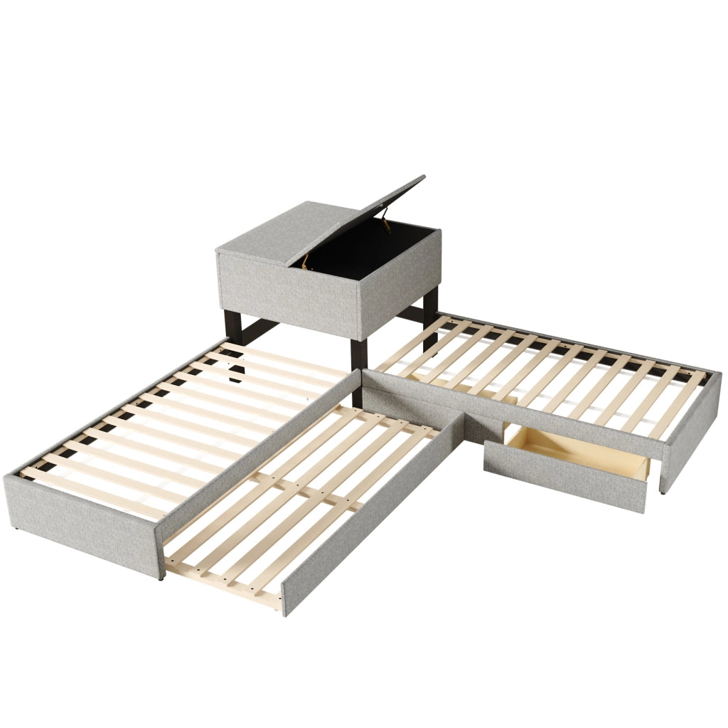 Letto angolare multifunzione con letto estraibile, contenitore e cassetti, 90x200 cm, grigio