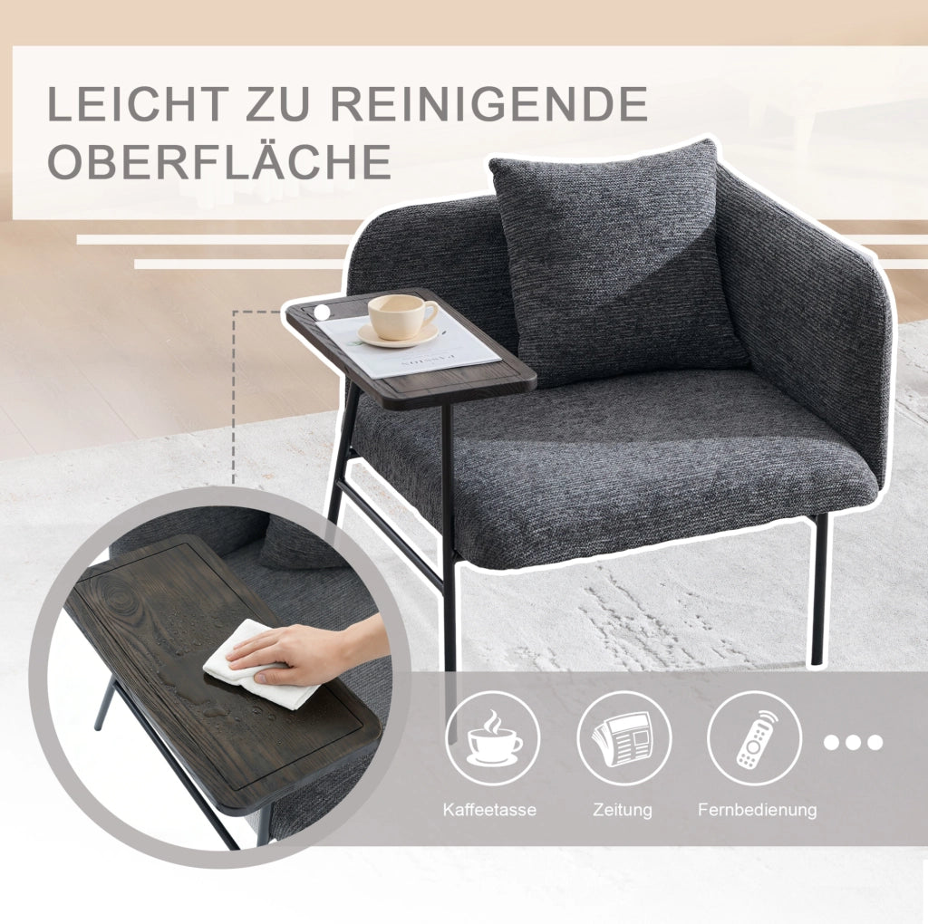 Poltrona da relax in chenille grigio scuro con tavolino laterale e tasche portaoggetti; 86x72x71 cm