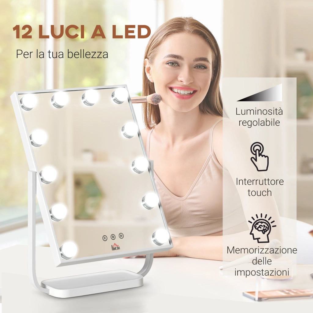 EasyComfort Specchio Trucco Illuminato Inclinabile con 12 Luci LED e Luminosità Regolabile, 32.8Lx11x47.4cm