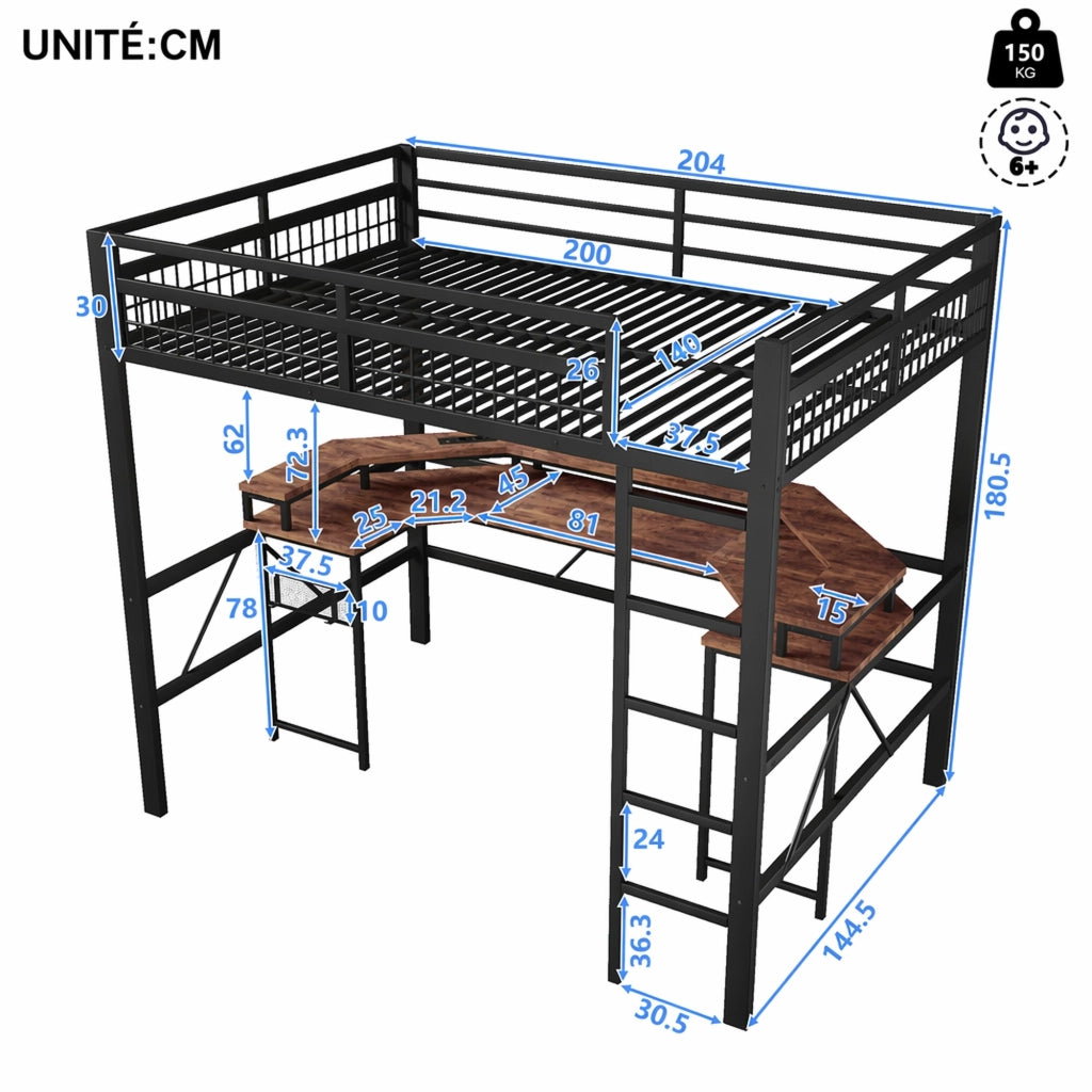 DESMIU Letto a soppalco 2 posti con scrivania, LED, USB, Type-C e 2 prese 140 × 200 cm, senza materasso