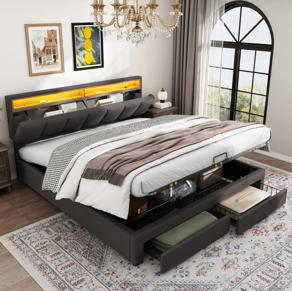 Letto imbottito grigio scuro 160 x 200 cm con LED e vano contenitore
