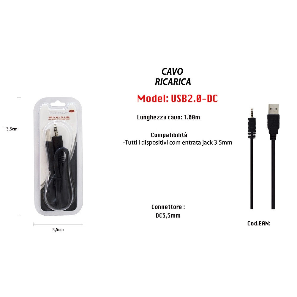 Trade Shop - Cavo Usb Ricarica Per Dispositivi Cellulari Entrata Jack 3,5mm 1mt Maxtech Usb2.0-dc -