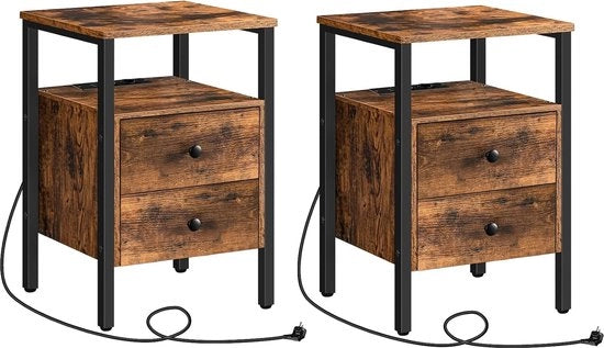 Set di Notti con Cavo di Accensione - Incl. 2 Prese e 2 Porte USB - Tavolo da Notte con Zona di Carico e Pianale di Deposito - Set da 2 - Tavolo da Pieno - Facile da Montare