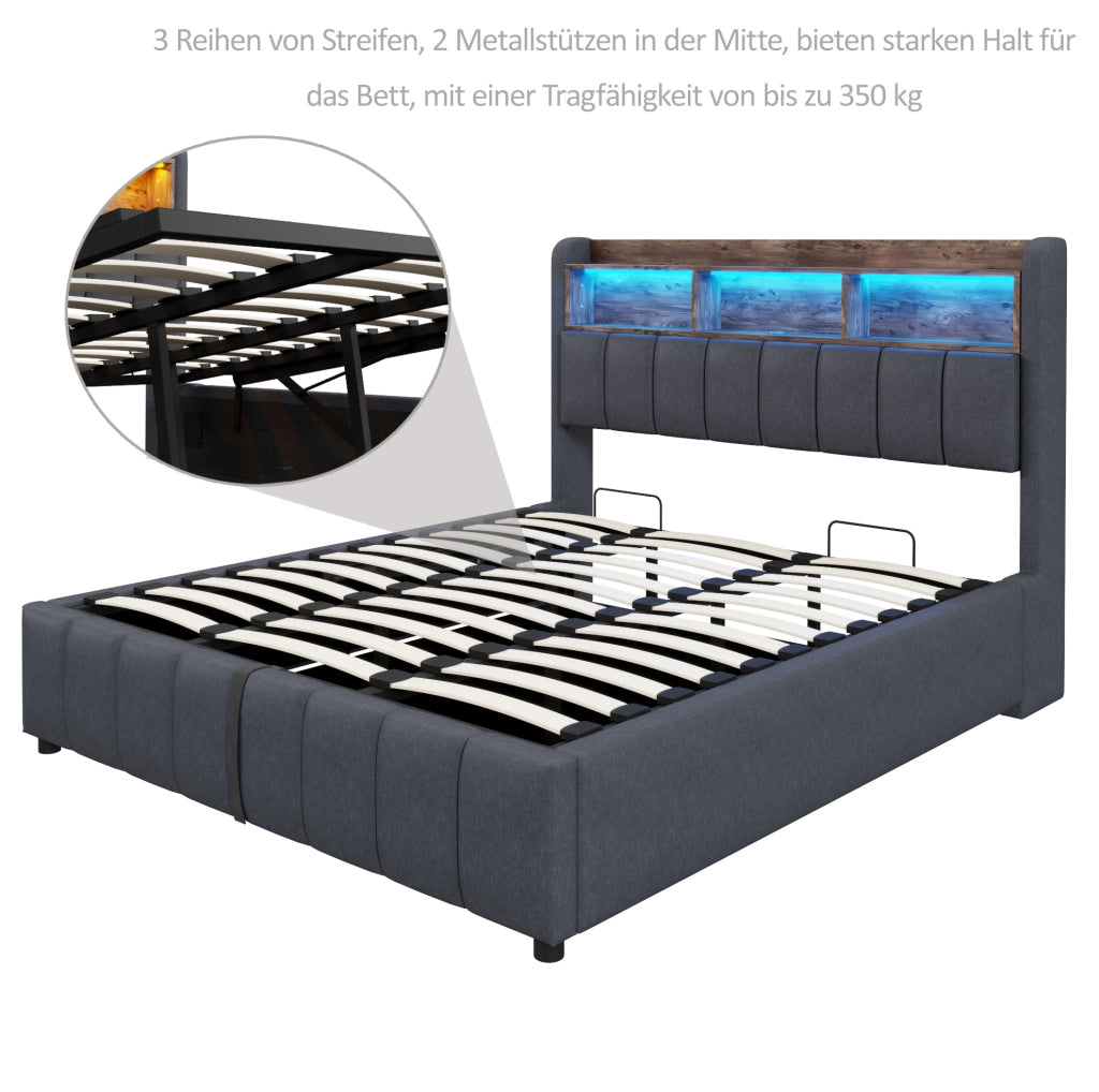 LETTO Imbottito 180x200 cm Grigio con LED, USB e vano contenitore