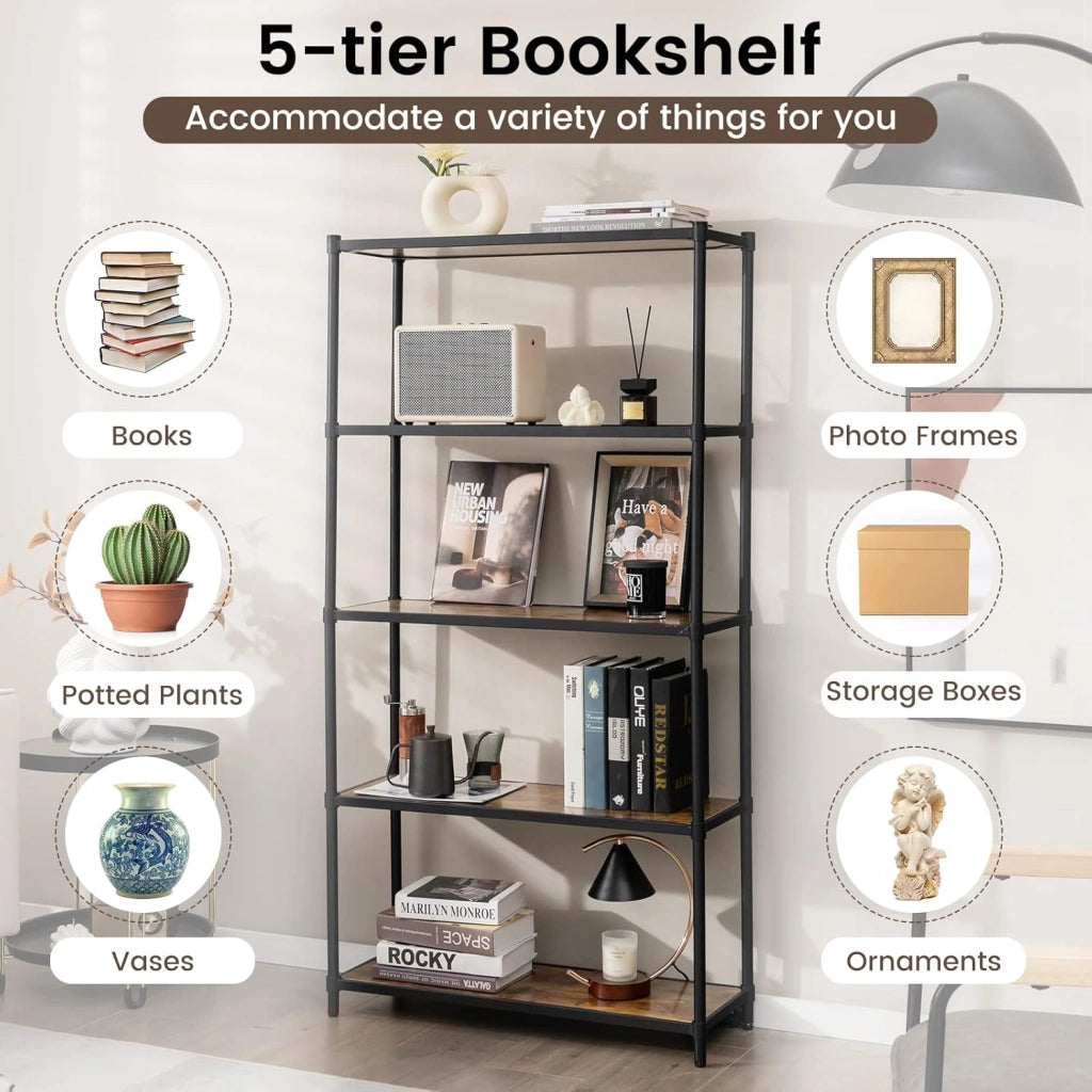 GIANTEX Scaffale a 5 Ripiani Stile Industriale, Libreria con Struttura in Acciaio Marrone Vintage e Nero, 80x29,5x154cm