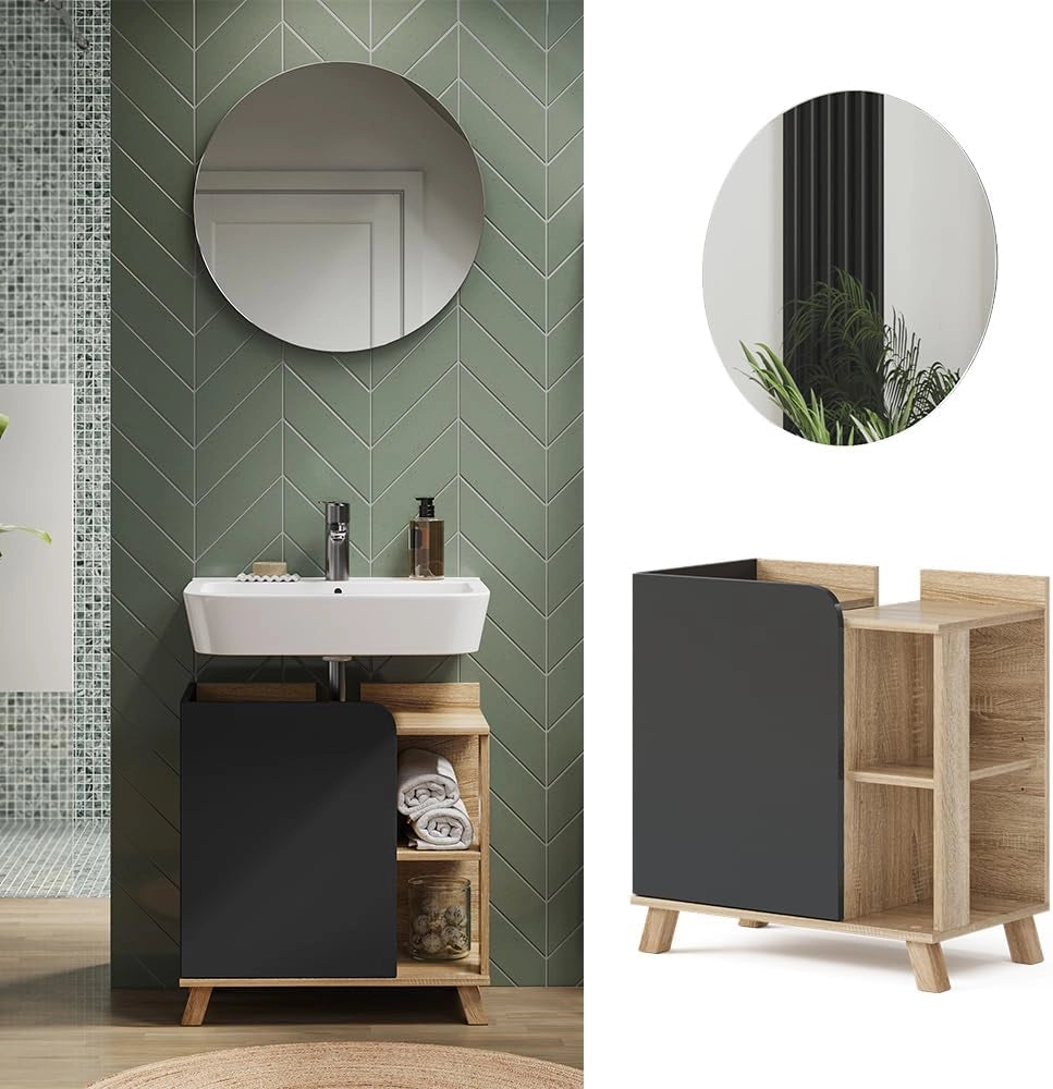 Set di mobili da bagno Karen, Sonoma/antracite, 60 cm, composto da specchio da bagno e mobile sottolavabo