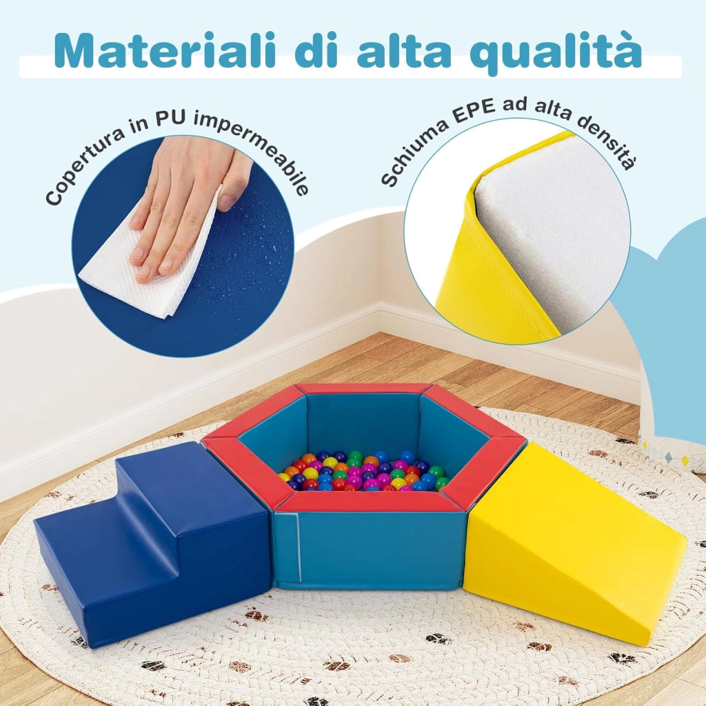 Set di 3 Blocchi da Arrampicata in Schiuma per Bambini, Set Gioco per Interni con Piscina di Palline, Triangolo, Scala e Palline Colorate per Bambini 1+ Anni