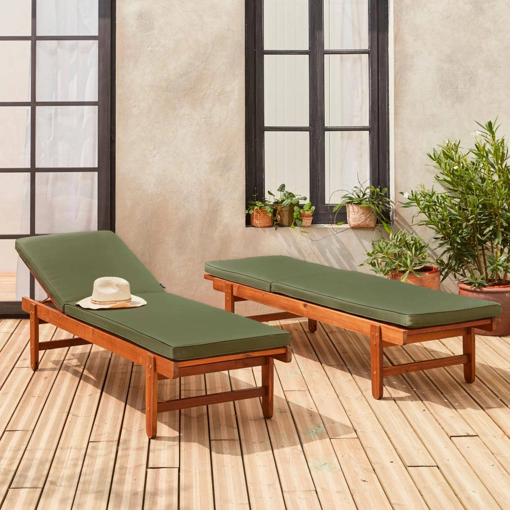 Set 2 lettini prendisole in legno multiposizione, verde kaki