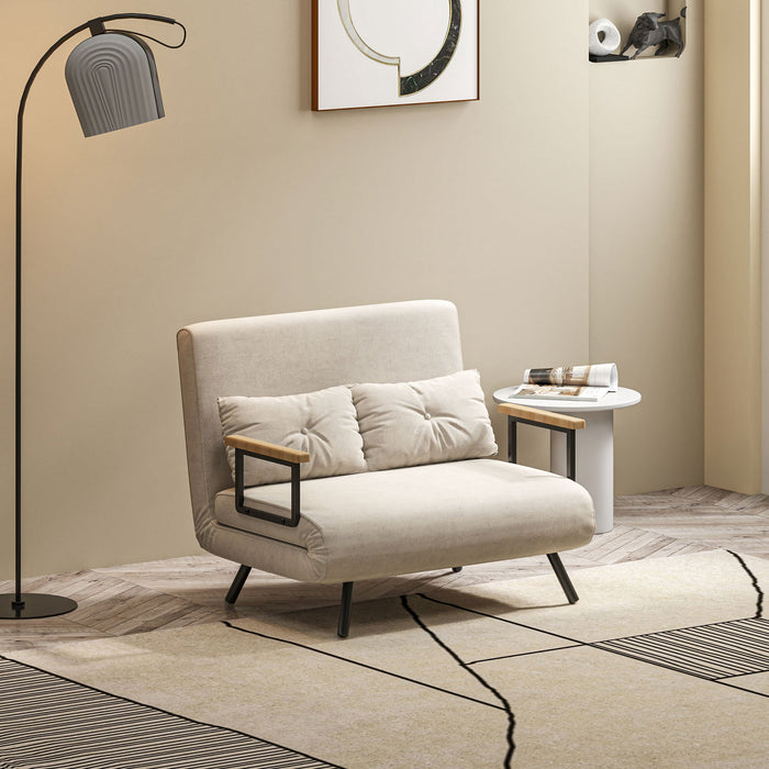 Divano Letto con Schienale Reclinabile e 2 Cuscini in Tessuto Effetto Velluto Bianco Crema