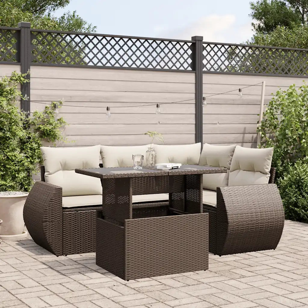 Set Divano da Giardino 5 pz con Cuscini Marrone in Polyrattan