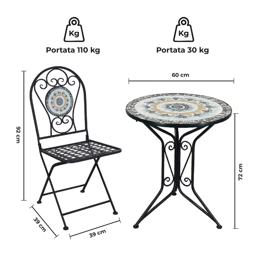 Set Bistrot Tavolino Con 2 Sedie Con Mosaico In Ceramica Per Esterno Terrazzo Giardino Pieghevoli Patio Casa,Bar,Ristoranti,Mobili Giardino Mod-Gela