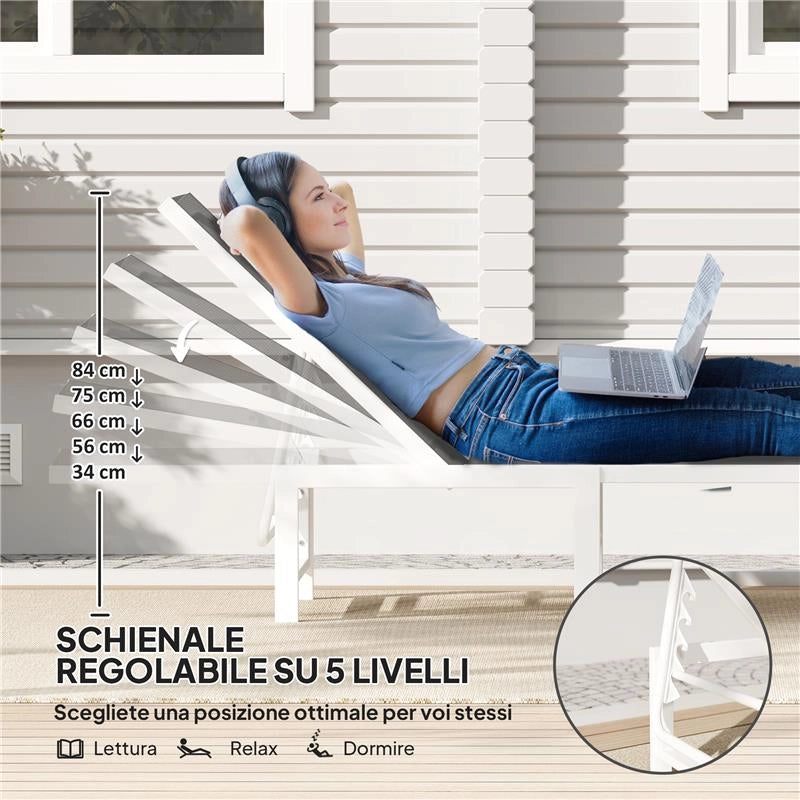 LETTINO SDRAIO CON SCHIENALE REGOLABILE SU 5 LIVELLI, IN ACCIAIO E TEXTILENE, 60X166X84 CM, BIANCO E GRIGIO