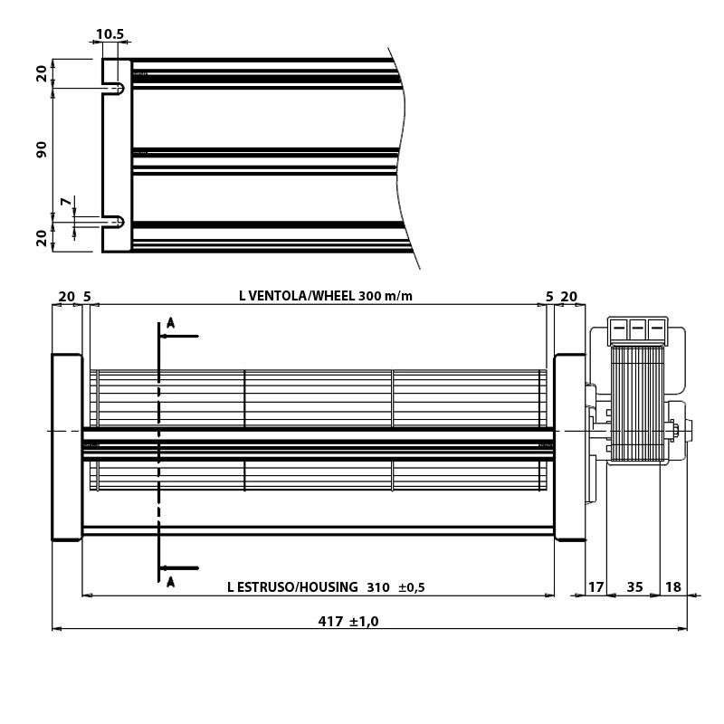 Ricambistufeapellet Ventilatore tangenziale per Stufa a Pellet EMMEVI FERGAS 149508 TGO 80/1 300/35 149508 Lungo 417mm Ventola 80mm