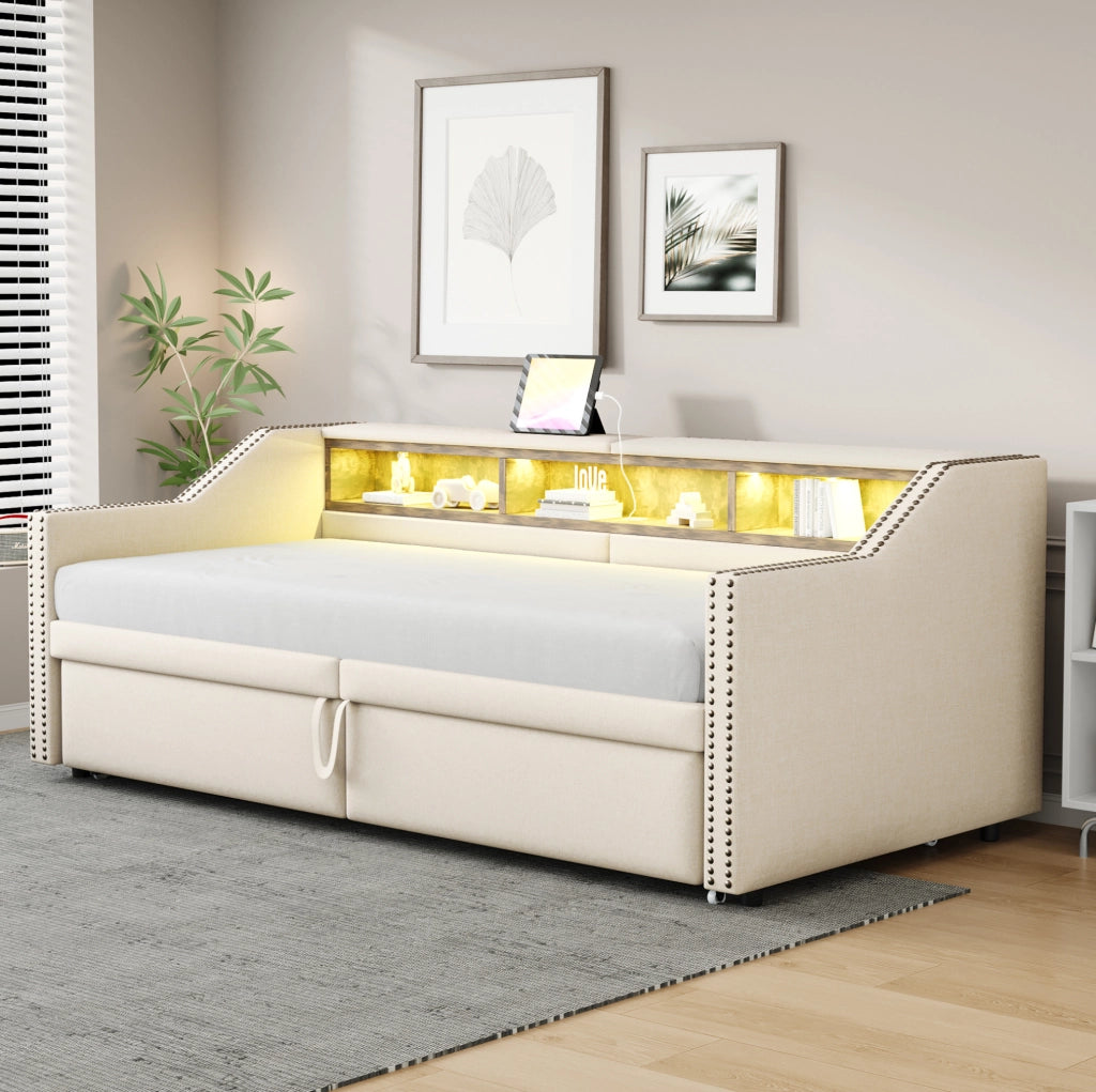 Divano letto imbottito estraibile 90/180 x 200 cm in tessuto beige con USB; LED e rete a doghe