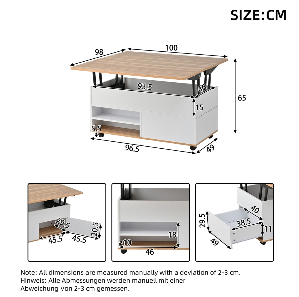 Tavolino da caffè 100x98x65 cm sollevabile con contenitore; pannello truciolare; bianco e naturale