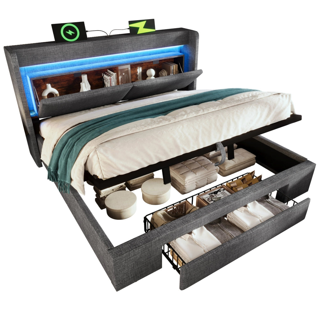 Letto imbottito 140x200 cm con contenitore idraulico; LED; USB e USB-C; lino grigio