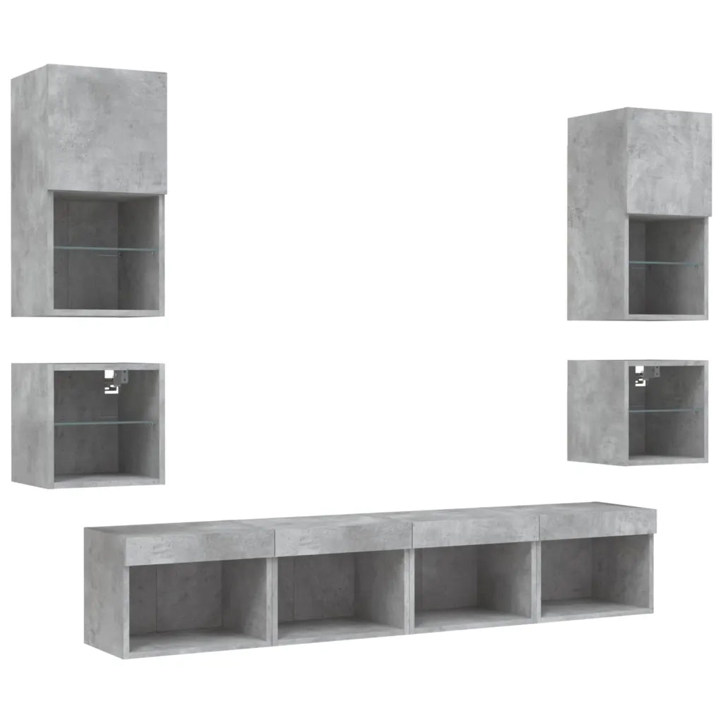 Mobili TV a Muro con LED 8pz Grigio Cemento Legno Multistrato
