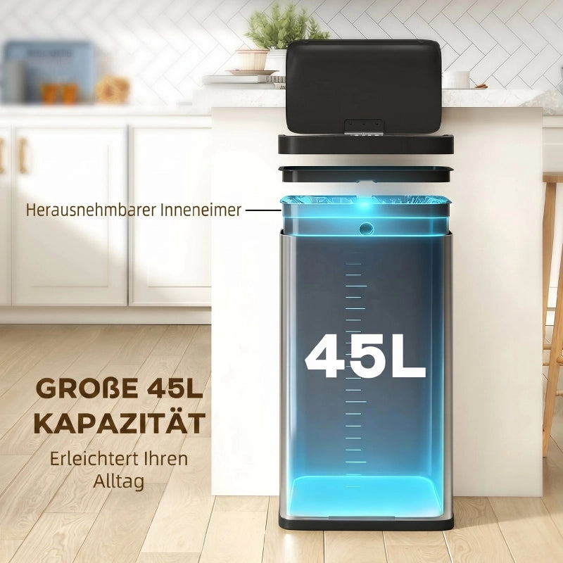 Pattumiera con sensore 45L, coperchio soft-close, movimento automatico, per cucina, camera, ufficio, argento