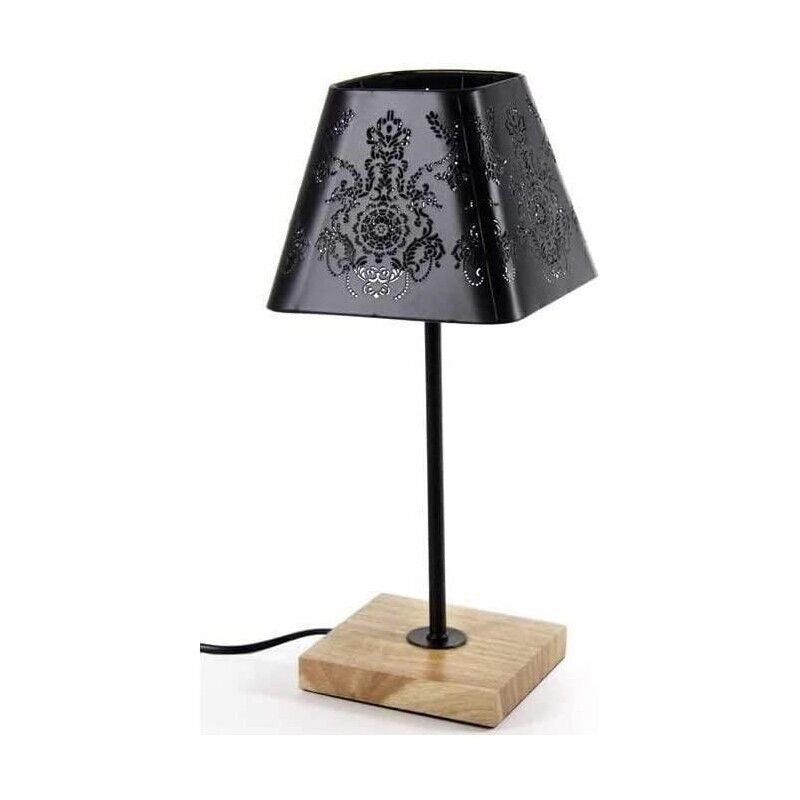 LAMPADA LUMETTO CON PARALUME FLOREALE IN COLORE NERO E BASE IN LEGNO DA 34 CM