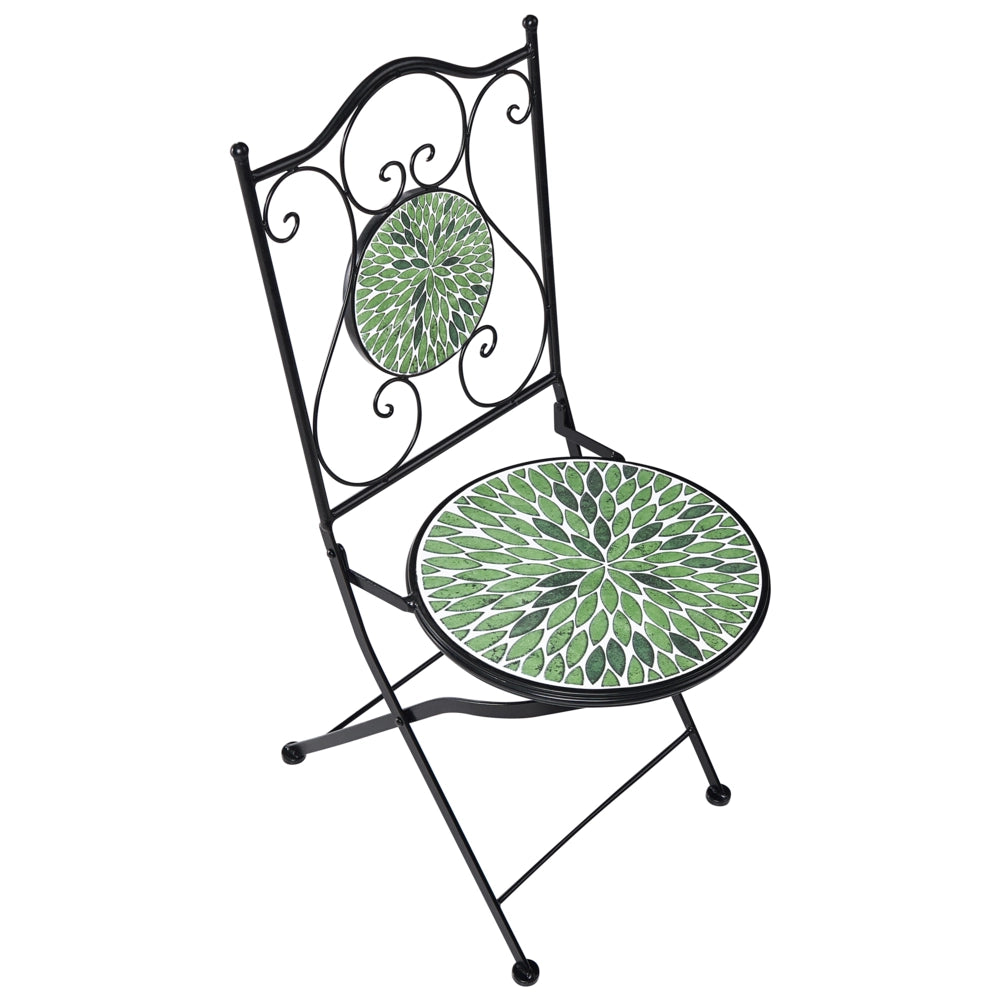 Set di 2 sedie da giardino in ferro nero con piastrelle rotonde in ceramica a mosaico stile ferro battuto pieghevoli