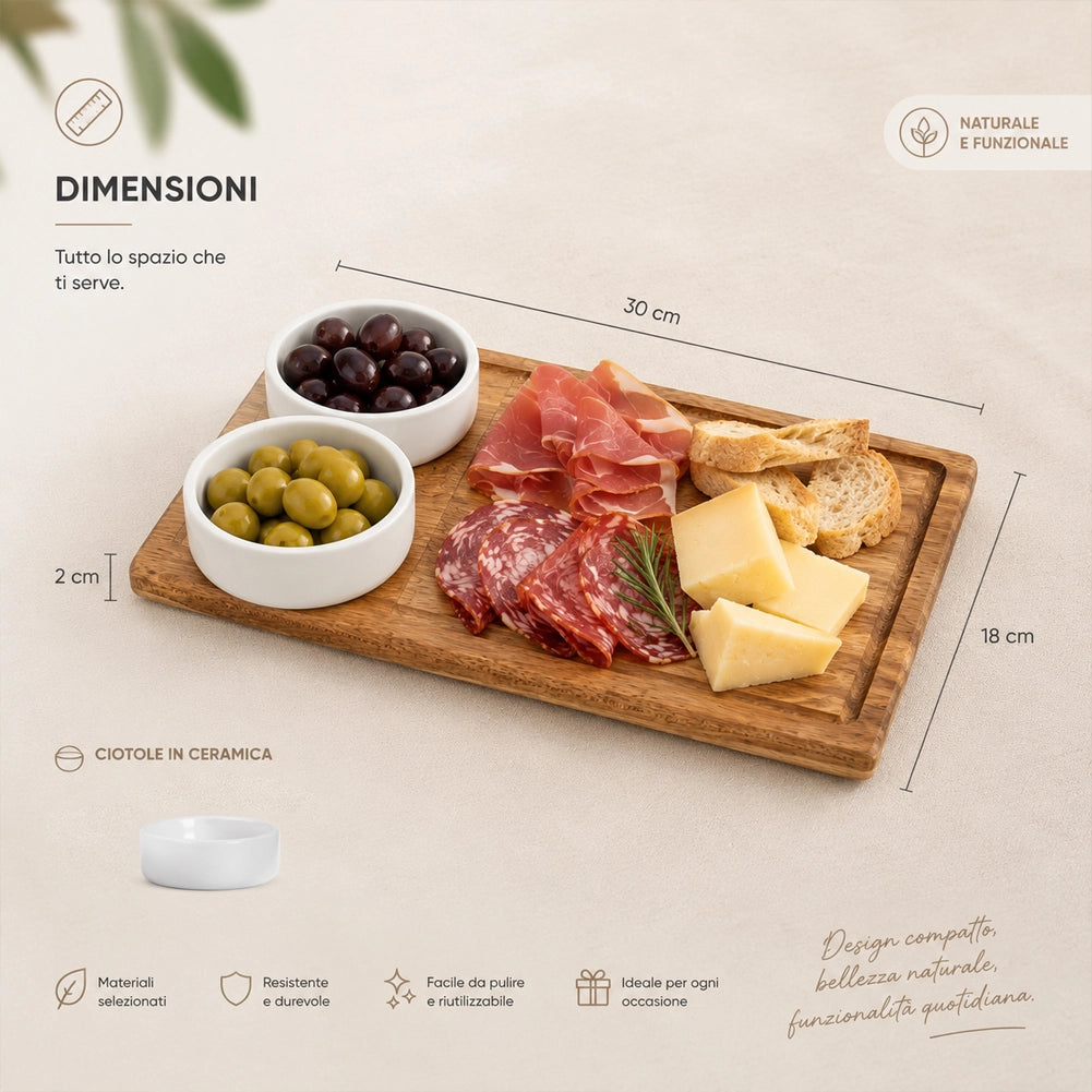 Vassoio Tagliere da Portata per Aperitivo 2 Ciotoline Ciotole Ceramica 30x18cm
