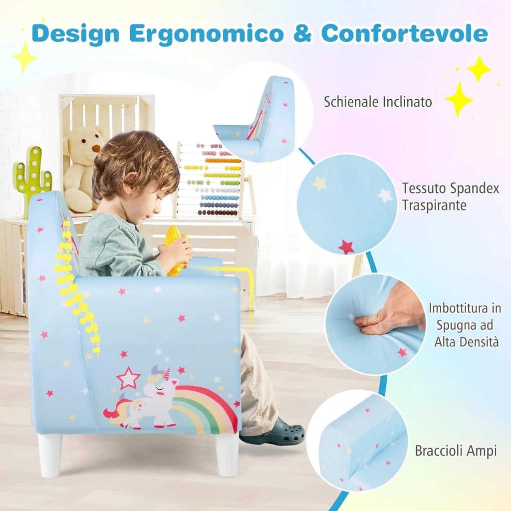 Divano per Bambini a Forma di Unicorno 55 x 40 x 55cm, Poltrona Imbottita con Tessuto Elastico Traspirante e Riempimento in Spugna, Mobile Moderno per Cameretta (Blu)